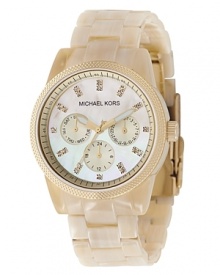 MICHAEL Michael Kors horn-inspired acrylic chronograph watch with bracelet strap and crystal accents. Round dial features crystal markers, three subdials and multi-function movement. Acrylic case and bracelet. Water-resistant to 100 meter. MICHAEL Michael Kors horn-inspired acrylic chronograph watch with bracelet strap and crystal accents. Round dial features crystal markers, three subdials and multi-function movement. Acrylic case and bracelet. Water-resistant to 100 meter.