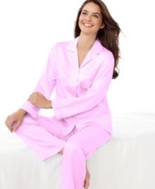 Classic style pairs with sublime comfort on these petite pajamas by Miss Elaine. The softest brushed back satin caresses your skin from the interior of this top and pajamas pants set. Classic style pairs with sublime comfort on these petite pajamas by Miss Elaine. The softest brushed back satin caresses your skin from the interior of this top and pajamas pants set.