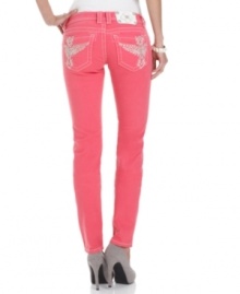 Embroidery and rhinestones add eye-catching appeal to these bright Miss Me skinny jeans -- a hot look for spring! Embroidery and rhinestones add eye-catching appeal to these bright Miss Me skinny jeans -- a hot look for spring!