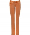 Colorful jeans are de rigueur this season, and True Religions orange pants offer a chic twist on a summer staple - Faded, antique rinse has a look of well-worn cool - Low rise, with belt loops, zip fly and button closure - Flattering signature  triangular flap pockets at rear and right hip - Straight, slim leg - Pair with  t-shirts, button downs and silk blouses