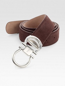 Adjustable suede belt with double gancini buckle.SuedeAbout 1½ wideMade in Italy