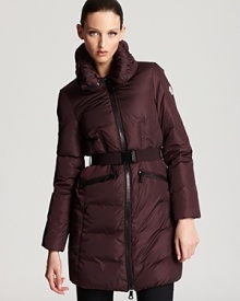 In rich wine or classic black, this standout Moncler coat is flattering with a belted waist. Chunky zippers add a contemporary touch. In rich wine or classic black, this standout Moncler coat is flattering with a belted waist. Chunky zippers add a contemporary touch.