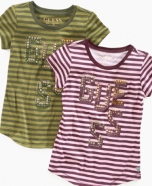 The sweet stripes and metallic Guess logo on these cute tees are sure to make her look eye catching.