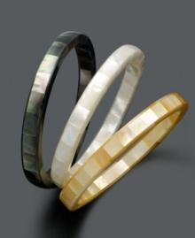 For the love of layering, you'll adore the way these multicolored Mother of Pearl bangles (10-11 mm) accentuate your look. This three bracelet set comes in black, white and bronze hues with an easy slip-on style for ultimate versatility. Approximate diameter: 2-1/2 to 2-3/4 inches. For the love of layering, you'll adore the way these multicolored Mother of Pearl bangles (10-11 mm) accentuate your look. This three bracelet set comes in black, white and bronze hues with an easy slip-on style for ultimate versatility. Approximate diameter: 2-1/2 to 2-3/4 inches.