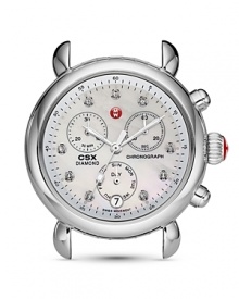 A classic watch head with a gleaming mother of pearl dial with three-eye functionality. From Michele. A classic watch head with a gleaming mother of pearl dial with three-eye functionality. From Michele.