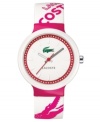 Get into the pink with this men's and women's watch from Lacoste. White and pink logo design silicone strap. White plastic round case and round white dial with logo and stick indices. Quartz movement. Water resistant to 30 meters. Two-year limited warranty.