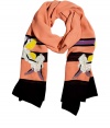Luxe scarf in sumptuous, 100% pure silk - Lightweight stole style drapes beautifully - On-trend, Deco-inspired coral and black colorway - Elegant purple and yellow floral embroidery - Delicate beaded embeliishment - A sophisticated standout and must for accessorizing simple, streamlined looks - Pair with a sheath dress, button down blouse, or style with a biker jacket