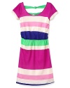Super bright colors are set off with simple white stripes on this fashionable dress she can wear to play or parties.