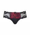 Get the sultry glamorous look of a vintage pin up girl in Von Follies by Dita Von Teeses black and luxury red 40s-inspired eyelash lace briefs - Black stretch lace paneled front with slinky lightweight satin luxury red underlay, sheer black scalloped lace trim, fishnet sides and back with grosgrain trim - High-waisted, extra full coverage - Wear with the matching balconette bra for a seriously seductive look