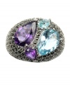 It's your time to shine in pretty pastel sparkle. Judith Jack ring features bold, blue topaz gemstones (2 ct. t.w.) and pale, amethyst gemstones (4 ct. t.w.) surrounded by swirls of glittering marcasite. Setting and band crafted in sterling silver. Sizes 7 and 8.