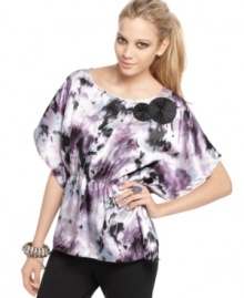 Romantic and totally flirty, BCX's printed top blooms with rosettes at the collar! Romantic and totally flirty, BCX's printed top blooms with rosettes at the collar!