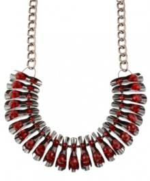 Look wondrous in red with this segmented frontal necklace from Haskell. Crafted from hematite-tone mixed metal, the necklace features faceted red beads for a colorful pop. Approximate length: 15 inches + 3-inch extender. Approximate drop: 1-1/4 inches. Look wondrous in red with this segmented frontal necklace from Haskell. Crafted from hematite-tone mixed metal, the necklace features faceted red beads for a colorful pop. Approximate length: 15 inches + 3-inch extender. Approximate drop: 1-1/4 inches.