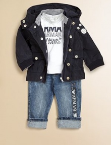 Softened and faded, slightly distressed and whiskered, with all the classic details for a jeans-loving little guy.Elasticized waistButton close and belt loopsZip flyFront scoop pockets and coin pocket with rivetsVertical screened logo on one legBack patch pockets, one with embroidered logoLogo patch at back waist98% cotton/2% Lycra spandexMachine washImported Softened and faded, slightly distressed and whiskered, with all the classic details for a jeans-loving little guy.Elasticized waistButton close and belt loopsZip flyFront scoop pockets and coin pocket with rivetsVertical screened logo on one legBack patch pockets, one with embroidered logoLogo patch at back waist98% cotton/2% Lycra spandexMachine washImported