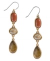 Three's the magic number. These Lucky Brand earrings feature semi-precious tiger's eye stones set in gold tone mixed metal. Approximate drop: 2-1/4 inches.