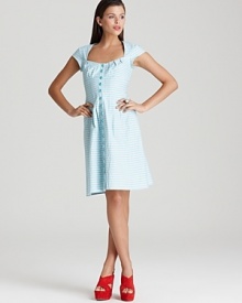 Exude sweetness this season in a Nanette Lepore stripe dress. With the season's must-have flare skirt--the peek-a-boo cut-out at the back adds a playful finish. Exude sweetness this season in a Nanette Lepore stripe dress. With the season's must-have flare skirt--the peek-a-boo cut-out at the back adds a playful finish.