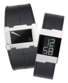 Å digital Kenneth Cole New York watch with a sleek sensibility. Features slim, leather strap and stainless steel case. Shown on right.