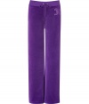 Kick-start your new season off-duty look with Juicy Coutures boucl? logo velour pants - Drawstring waistline, flared leg, thick knit textural boucl? oversized logo on thigh - Figure-hugging fit, sits low on the hips - Style with a tee and cozy pullover, or for a sportier look, with a matching hoodie and flats