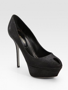 Unique pressed-suede design in a peep-toe silhouette, concluded with a self-covered heel and island platform. Self-covered heel, 5 (125mm) Island platform, 1½ (40mm) Compares to a 3½ heel (90mm) Pressed suede upper Peep toe Leather lining and sole Padded insole Made in ItalyOUR FIT MODEL RECOMMENDS ordering one half size up as this style runs small. Unique pressed-suede design in a peep-toe silhouette, concluded with a self-covered heel and island platform. Self-covered heel, 5 (125mm) Island platform, 1½ (40mm) Compares to a 3½ heel (90mm) Pressed suede upper Peep toe Leather lining and sole Padded insole Made in ItalyOUR FIT MODEL RECOMMENDS ordering one half size up as this style runs small.