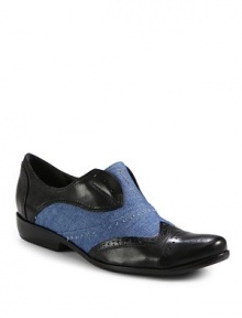 THE LOOKOxford-inspired flat shoesCap toePerforated detailsDenim panelsPadded insoleStacked heel, 1 (25mm)THE MATERIALLeather and denim upperLeather lining and soleORIGINImported THE LOOKOxford-inspired flat shoesCap toePerforated detailsDenim panelsPadded insoleStacked heel, 1 (25mm)THE MATERIALLeather and denim upperLeather lining and soleORIGINImported