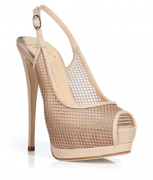 Statement-making nude high heel platform sling backs from Giuseppe Zanotti - These dramatic heels make an easy transition from day to evening - Peep-toe sling backs with front platform and high stiletto heel - Net-detailed upper - Pair with slim trousers, a tie-neck blouse, and a tailored leather jacket