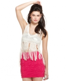 Update your day look with this tank sweater that boasts the season's hottest detail: fringes! From Material Girl. Update your day look with this tank sweater that boasts the season's hottest detail: fringes! From Material Girl.