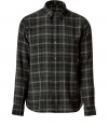 Plaid, plaid, plaid! Proves to be the pattern of the season - Fine shirt from the cool American label Edun - From a wool-viscose blend in trendy plaid in shades of green and black - Slim fit and body-hugging - Small collar - Perfect with jeans or chinos, wear anywhere, anytime