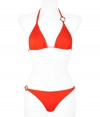 Chic bikini in fine, reddish orange nylon stretch - Classic triangle style with decorative metal link rings at neck and hips - Tie fastenings at halter neck and back - Nearly full coverage at rear, briefs sit comfortably at hips - Sophisticated and sexy, fits true to size - A must for your next beach getaway