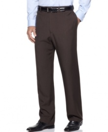 You won't believe the hand on these pants! Crafted from recycled plastic bottles and transformed into super smooth and lightweight fabric, these sophisticated flat front pants help you been kind to Mother Nature and even nicer to your workweek wardrobe. Accented with subtle heathered details and an unfinished hem, there's absolutely nothing you won't love about these Haggar dress pants. You won't believe the hand on these pants! Crafted from recycled plastic bottles and transformed into super smooth and lightweight fabric, these sophisticated flat front pants help you been kind to Mother Nature and even nicer to your workweek wardrobe. Accented with subtle heathered details and an unfinished hem, there's absolutely nothing you won't love about these Haggar dress pants.