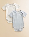 Comfy baby basics in soft cotton knit, offering one dot and one solid design.Envelope shoulders for easy on and off Short sleeves Snap bottom Cotton; machine wash Imported