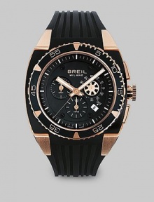 A sporty design with singular style, constructed with Swiss precision and a unidirectional rotating bezel. Three-eye chronograph Anti-reflective glass Iconic plated case Polyurethane strap Second hand Water-resistant to 10 ATM Date display at 4 o'clock Round case, 44mm, 1.73 Swiss quartz movement Imported A sporty design with singular style, constructed with Swiss precision and a unidirectional rotating bezel. Three-eye chronograph Anti-reflective glass Iconic plated case Polyurethane strap Second hand Water-resistant to 10 ATM Date display at 4 o'clock Round case, 44mm, 1.73 Swiss quartz movement Imported