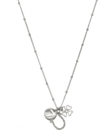 Bring good luck to your doorstep with this charming pendant by Fossil. Features a crystal-coated horse shoe, a small clover, and a number 7, cut-out disc charm. Setting and chain crafted in silver tone mixed metal. Approximate length: 16 inches + 2-inch extender. Approximate drop: 3/4 inch. Bring good luck to your doorstep with this charming pendant by Fossil. Features a crystal-coated horse shoe, a small clover, and a number 7, cut-out disc charm. Setting and chain crafted in silver tone mixed metal. Approximate length: 16 inches + 2-inch extender. Approximate drop: 3/4 inch.
