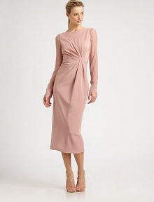 Romantic and feminine, tailored from supple silk and accented with sheer sleeves and soft asymmetrical pleats.BoatneckLong sheer sleevesAsymmetrical pleats on bodice and skirtV back with concealed zipFully linedAbout 33 from natural waistSilkDry cleanImportedModel shown is 5'11 (180cm) wearing US size 4. Romantic and feminine, tailored from supple silk and accented with sheer sleeves and soft asymmetrical pleats.BoatneckLong sheer sleevesAsymmetrical pleats on bodice and skirtV back with concealed zipFully linedAbout 33 from natural waistSilkDry cleanImportedModel shown is 5'11 (180cm) wearing US size 4.