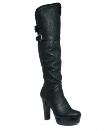 Up and away: GUESS' Loni2 over-the-knee boots feature a high stacked heel, non-adjustable strap detailing and inner leg zipper enclosure. Pair them with leggings for a sleek, chic look that's right on trend. Up and away: GUESS' Loni2 over-the-knee boots feature a high stacked heel, non-adjustable strap detailing and inner leg zipper enclosure. Pair them with leggings for a sleek, chic look that's right on trend.