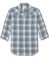 Lucky Brand takes plaid flannel and uses all the old-time details-snap fasteners, a pointed front yoke, chest pockets-to create Jesse, a shirt with modern cowboy cool.