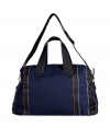 Stash away weekend essentials in style in Paul Smiths navy striped carryall travel bag, detailed with leather handles for that contemporary luxe feel - Flat double top handles, removable adjustable shoulder strap, metal top-zip, inside zippered pocket - Equally chic for weekend jaunts or daily trips to the gym