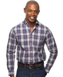 A large plaid print give this Argyle Culture button down shirt it's stylish look. A large plaid print give this Argyle Culture button down shirt it's stylish look.