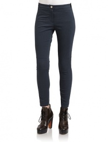 THE LOOKNarrow elastic waistband with belt loopsFront zip and button closureTopstitching detailsSelf knee-patch with topstitchingSkinny legBack mock pocketsTHE FITRise, about 11Inseam, about 26THE MATERIALCotton/rayon/polyurethaneCARE & ORIGINDry cleanImportedModel shown is 5'10 (177cm) wearing US size 4. THE LOOKNarrow elastic waistband with belt loopsFront zip and button closureTopstitching detailsSelf knee-patch with topstitchingSkinny legBack mock pocketsTHE FITRise, about 11Inseam, about 26THE MATERIALCotton/rayon/polyurethaneCARE & ORIGINDry cleanImportedModel shown is 5'10 (177cm) wearing US size 4.