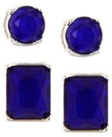 The blues won't get you down. This set of stud earrings from Nine West is crafted from silver-tone mixed metal with blue stones giving the pairs a colorful pop. Approximate drop: 1/4 inch to 1/2 inch. The blues won't get you down. This set of stud earrings from Nine West is crafted from silver-tone mixed metal with blue stones giving the pairs a colorful pop. Approximate drop: 1/4 inch to 1/2 inch.