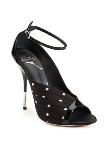 THE LOOKPeep toeAnkle strap with buckle closurePleated fabric detailMetal-tipped heelTHE FITHeel 4½ (115mm)THE MATERIALPatent leather and fabric upperMetal heelLeather lining and soleORIGINMade in Italy THE LOOKPeep toeAnkle strap with buckle closurePleated fabric detailMetal-tipped heelTHE FITHeel 4½ (115mm)THE MATERIALPatent leather and fabric upperMetal heelLeather lining and soleORIGINMade in Italy