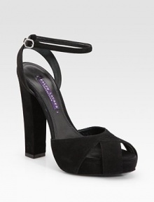 Soft suede crisscrosses the front of the foot and concludes with a chunky heel and slightly embellished buckle strap. Self-covered heel, 5¼ (130mm) Covered platform, ¼ (5mm) Compares to a 5 heel (125mm) Suede upper Leather lining and sole Padded insole Made in Italy Soft suede crisscrosses the front of the foot and concludes with a chunky heel and slightly embellished buckle strap. Self-covered heel, 5¼ (130mm) Covered platform, ¼ (5mm) Compares to a 5 heel (125mm) Suede upper Leather lining and sole Padded insole Made in Italy