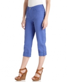 Capris in an on-trend color are super-flattering from Not Your Daughter's Jeans. Rhinestone button tabs add a little extra bling to casual days! Capris in an on-trend color are super-flattering from Not Your Daughter's Jeans. Rhinestone button tabs add a little extra bling to casual days!
