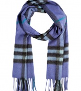 The classic Burberry London check scarf gets a cool-hue makeover with this light purple cashmere iteration - Classic tartan print, easy to style length, fringed trim - Style with a cashmere pullover, skinny jeans, a sleek parka, and ankle boots