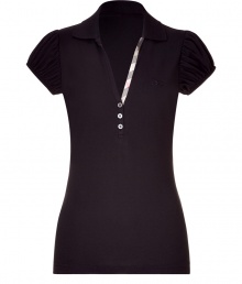 A feminine choice with its deep V-neckline and sweet puffed short sleeves, Burberry Brits polo shirt is a stylish way to dress up your basics - Spread collar, V-neckline, puffed short sleeves, partial button placket with characteristic check trim - Form-fitting - Channel preppy style and wear with jeans and bright loafers A feminine choice with its deep V-neckline and sweet puffed short sleeves, Burberry Brits polo shirt is a stylish way to dress up your basics - Spread collar, V-neckline, puffed short sleeves, partial button placket with characteristic check trim - Form-fitting - Channel preppy style and wear with jeans and bright loafers