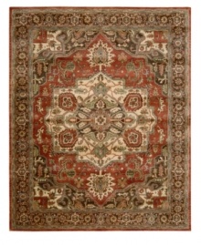 For the Jaipur collection Nourison uses a unique herbal wash to create the silky sheen and antique appearance of these fine wool rugs. In an earthy red palette with an ornate yet structural motif, the rug enhances your home with lavishly elegant style. For the Jaipur collection Nourison uses a unique herbal wash to create the silky sheen and antique appearance of these fine wool rugs. In an earthy red palette with an ornate yet structural motif, the rug enhances your home with lavishly elegant style.