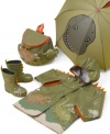 Take the bite out of wet weather with these adorable rubber rain boots.  Fun details include a toothy smile around the rounded toe and genuine dinosaur eyes at the top of the foot.  A raised dinosaur accents the boot's molded rubber upper. Rubber sole.