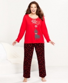 Let it snow. These plus size pajamas by HUE feature a cute dog and snowflakes on the top and polka dot fleece pants. Let it snow. These plus size pajamas by HUE feature a cute dog and snowflakes on the top and polka dot fleece pants.