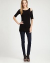 Slinky jersey styled with skin-baring cutouts at the shoulders.ScoopneckOpen shouldersElbow sleevesAbout 28 from shoulder to hem94% rayon/6% spandexDry cleanMade in USAModel shown is 5'9 (175cm) wearing US size Small.