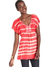 An allover tie-dye print adds boho flair to this chic babydoll shirt from One World. Pair it with jeans and chunky jewelry for a fresh summer look! An allover tie-dye print adds boho flair to this chic babydoll shirt from One World. Pair it with jeans and chunky jewelry for a fresh summer look!