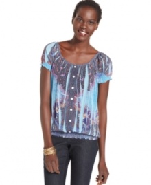 Utterly sublime: One World's sublimation-print top adds a punchy touch to your favorite jeans! Utterly sublime: One World's sublimation-print top adds a punchy touch to your favorite jeans!