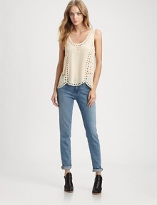 Delicate eyelet cutouts on matte silk in an easy-fit scoopneck tank.ScoopneckSleevelessScoopbackPullover styleSilkDry cleanImportedModel shown is 5'9 (175cm) wearing US size Small. Delicate eyelet cutouts on matte silk in an easy-fit scoopneck tank.ScoopneckSleevelessScoopbackPullover styleSilkDry cleanImportedModel shown is 5'9 (175cm) wearing US size Small.